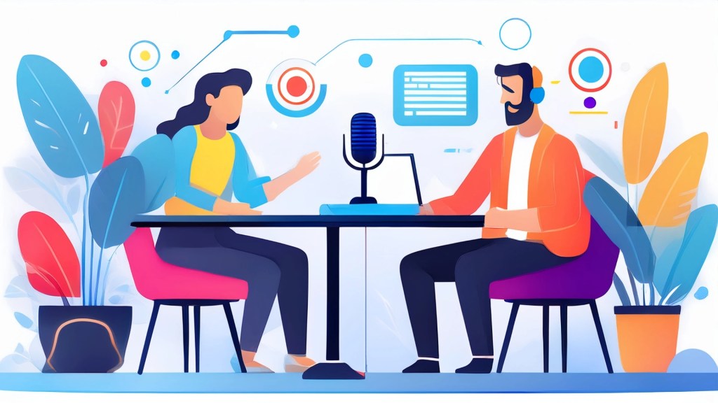 Illustration of a podcasting session featuring two individuals at a table, one speaking into a microphone while the other listens, surrounded by plants and digital elements.